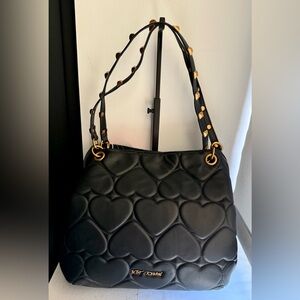 BETSEY JOHNSON Quilted Heart Black Tote Bag Studded Straps with Charms, Comb NWT
